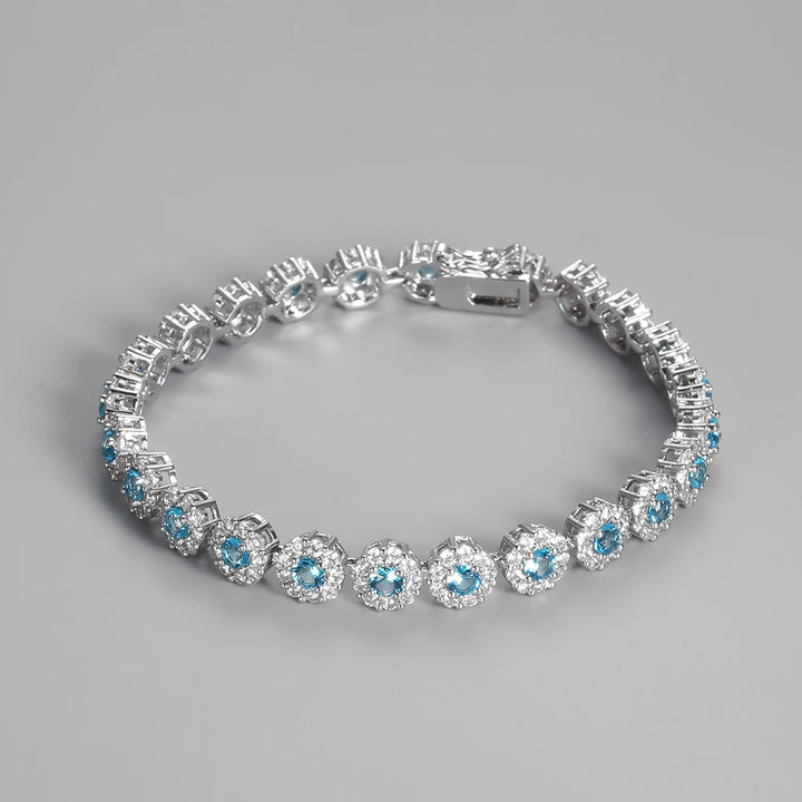 S925 Sterling Silver Sea Blue Zircon Bracelet: Elevate Wisdom with Elegant Wedding Gemstone Bangles for Women. - Mountauk