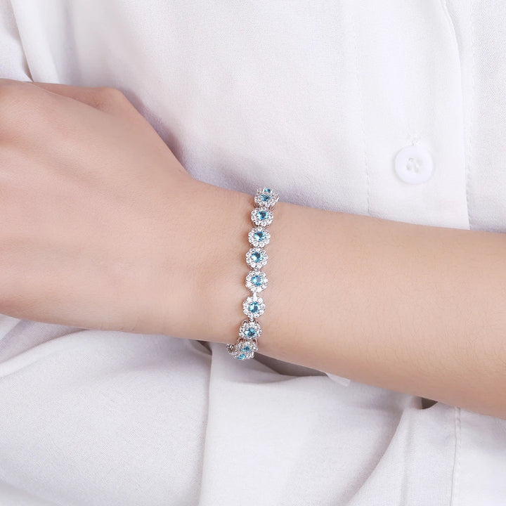 S925 Sterling Silver Sea Blue Zircon Bracelet: Elevate Wisdom with Elegant Wedding Gemstone Bangles for Women. - Mountauk