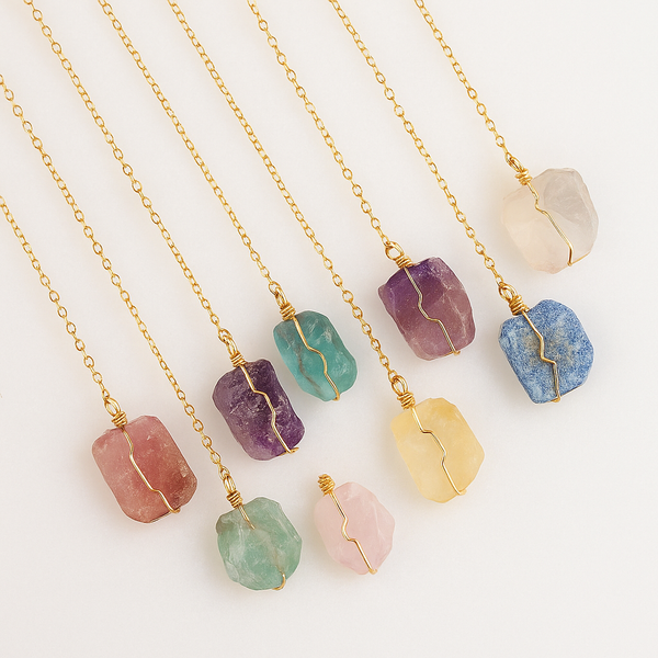 Earth's Artistry: Natural Stone Pendant Necklace — Quartz, Amethyst, Citrine, Fluorite & Pink Crystal for Women - Mountauk