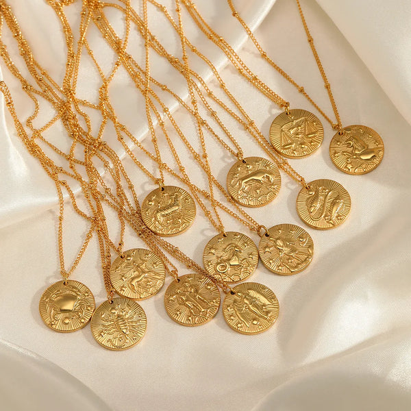 Golden Zodiac Constellation Coin Necklace: Vintage Moon Rituals Stainless Steel Amulet for Women