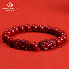 JD Natural Cinnabar Real Bead Bracelets Women Men Change Lucky Wealth Protection Hand String Pixiu Carved Vintage Bangles Gift