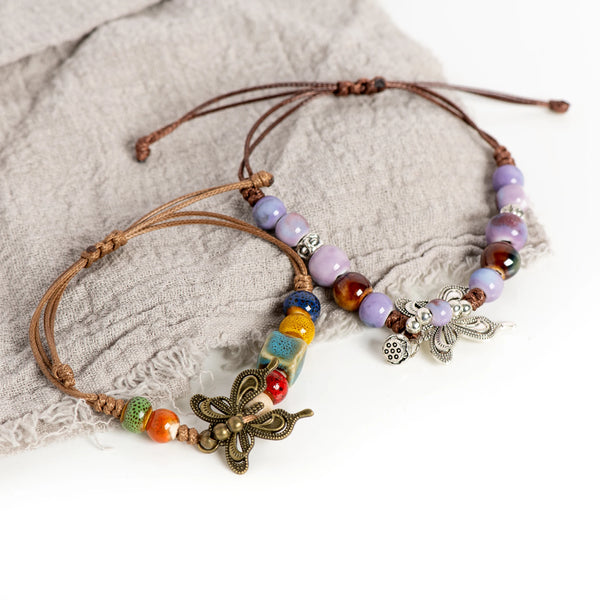 Handcrafted Vintage Multicolor Butterfly Ceramic Bead Bracelet for Feminine Healing, Adjustable 15-25cm