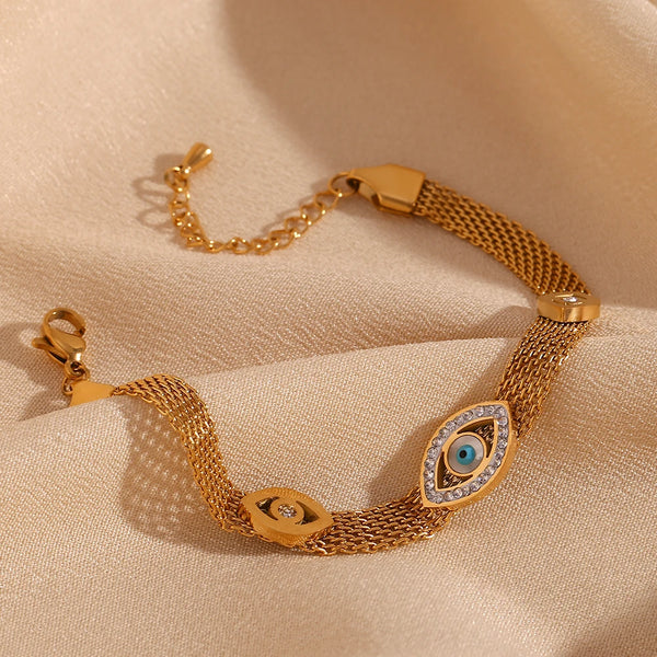 E.B.belle Abundant Wealth Three Eyes Gold Plated Mesh Chain Bracelet for Women
