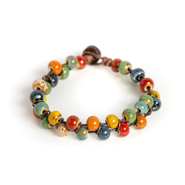 Vintage Multicolor Ceramic Bead Bracelet Fixed Length 18cm for Small Wrists