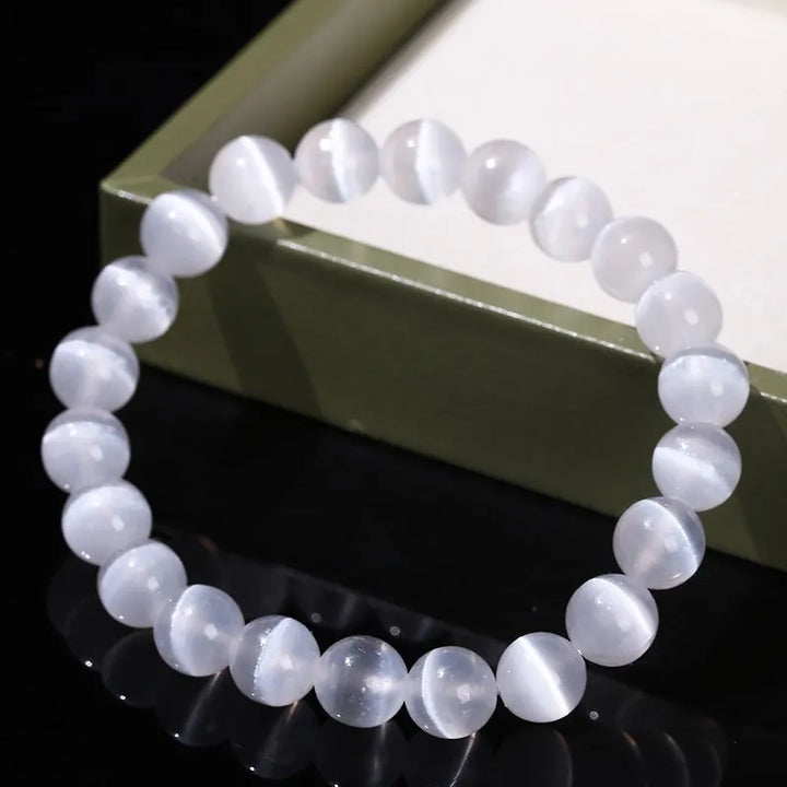 Elegant White Selenite Gemstone Bead Bracelet for Women & Men, 100% Real Gypsum, Yoga Gift - Mountauk