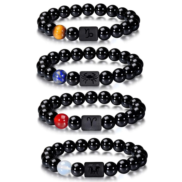 FTCY 10mm Zodiac Yellow Tiger Eye Stone Bracelet for Men Women Black Agate Crystal Elastic Cord Hand Chains Couple’s Jewelry