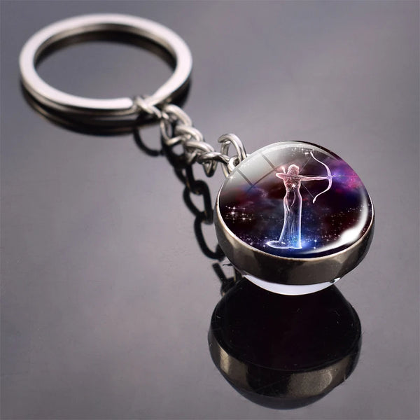 New Fashion Double Side Glass Ball Pendant Keychain 12 Zodiac Signs Keyring for Boyfriend Girlfriend Birthday Gifts