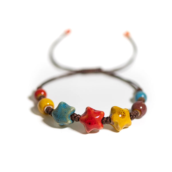 Handmade Colorful Ceramic Star Bracelet Adjustable Braided Wax Cord Unique Fashion Accessory