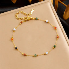 Gold Stainless Steel Natural Colored Beads Bracelet Womens New Style Concise Trend Non-fading Golden Hand Jewelry Gift