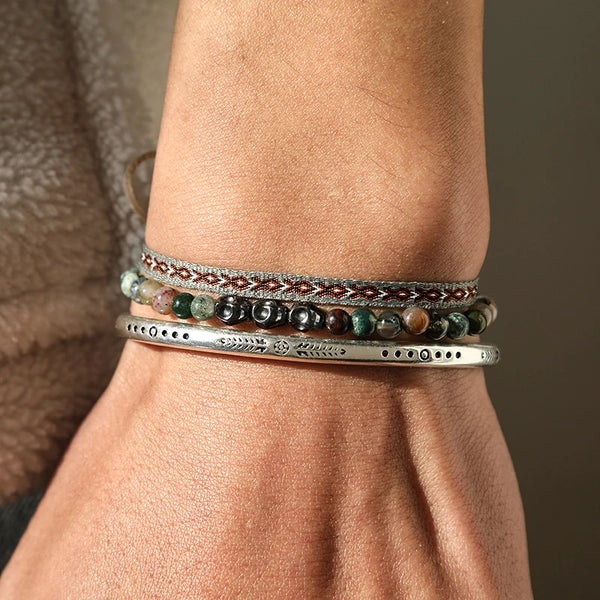 Moon Rituals: Handmade 925 Tibetan Silver Woven Rope Bangle with Lucky Colored Stones for Women & Men