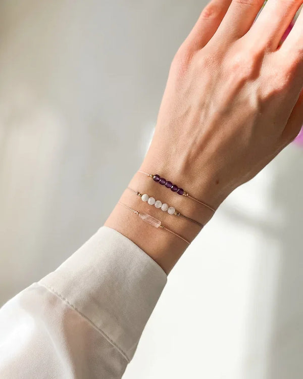 TranquilTriad – Amethyst, Moonstone & Rose Quartz Silk Bracelet Set for Emotional Balance & Inner Peace