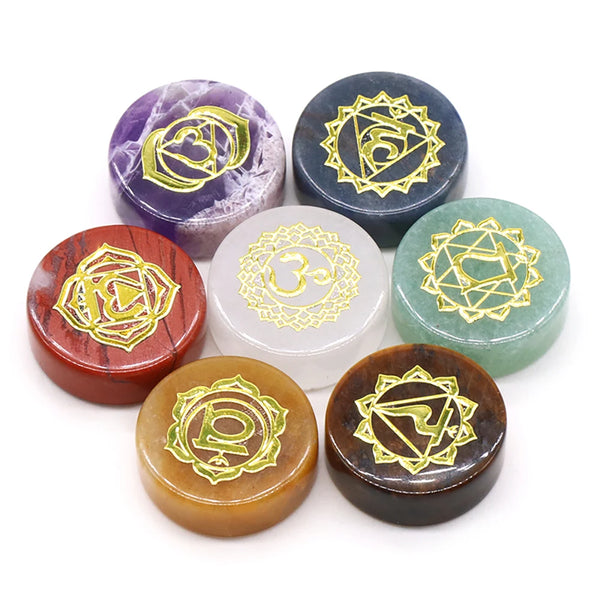 16-18mm 7pcs/Pack Round Shaped 7 Chakra Natural Stone Ornament Amethyst Quartz Energy Stickers Symbols Reiki Divination Healing