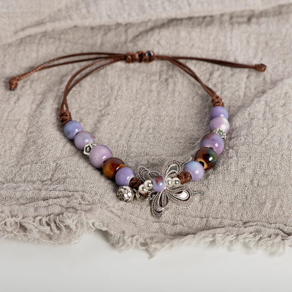 Handcrafted Vintage Multicolor Butterfly Ceramic Bead Bracelet for Feminine Healing, Adjustable 15-25cm