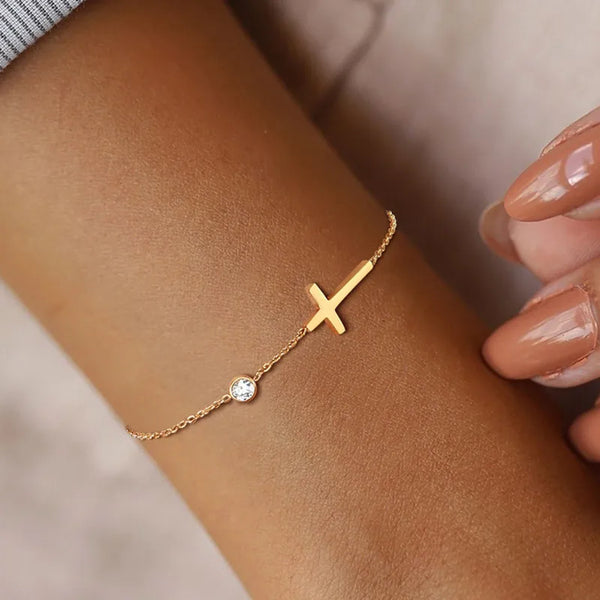 Elegant CZ Crystal Cross Bracelet for Women - Dainty Silver Chain Hand Jewelry