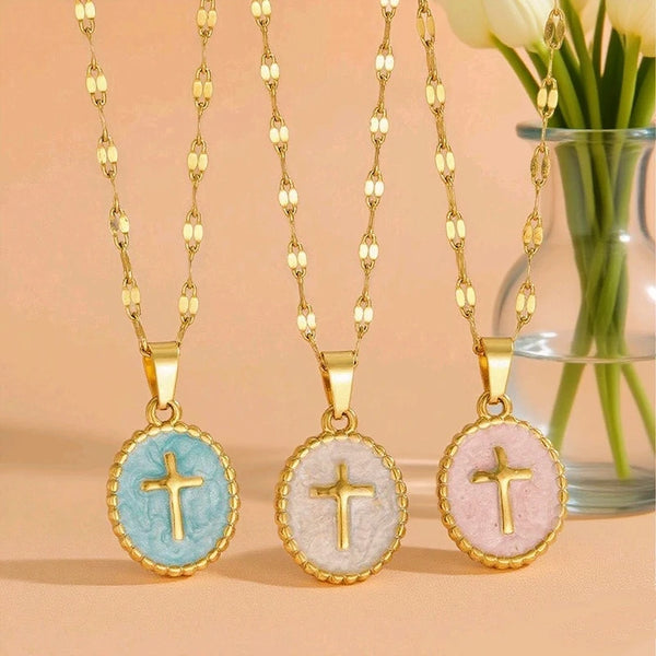 Elegant Stainless Steel Oval Cross Pendant Necklace for Women, Relaxing Daily Jewelry Gifts