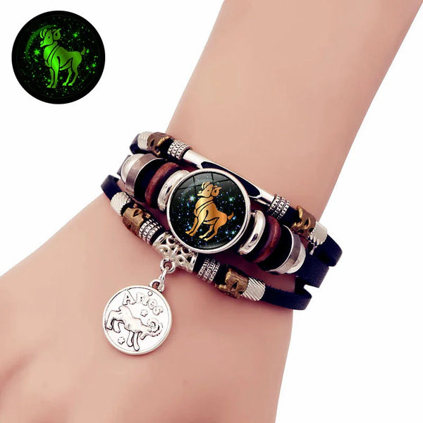 Confidence-Boosting Luminous 12 Constellation Punk Leather Bracelet | Vintage Glow Gift for Men & Women