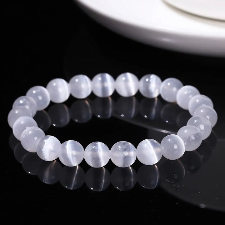 Elegant White Selenite Gemstone Bead Bracelet for Women & Men, 100% Real Gypsum, Yoga Gift - Mountauk