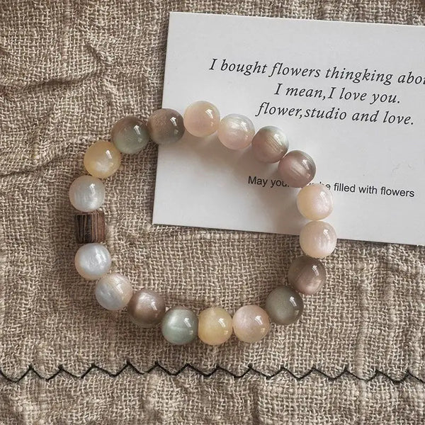 Handmade Pink & Brown Cat Eye Beaded Stretch Bracelet for Women - Sleep & Relaxation Jewelry Gift