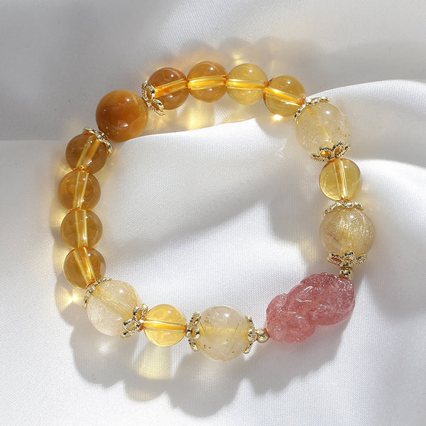 Celestial Vault – Citrine, Rutilated & Strawberry Quartz Pixiu Bracelet for Wealth, Protection & Love Attraction