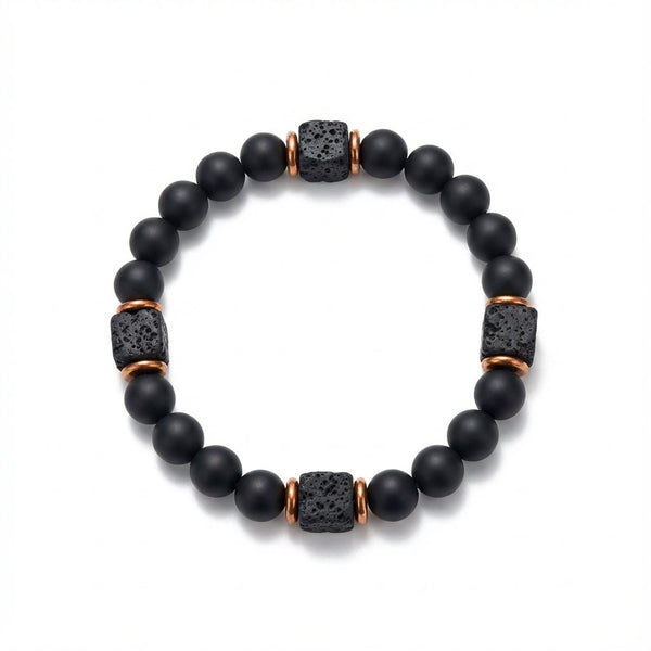 Men's Black Onyx & Lava Stone Bracelet for Protection & Grounding, Elastic Adjustable Charm