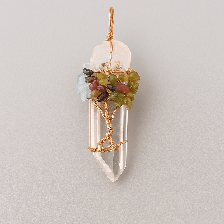 Natural Stone Rock Crystal Pendant Reiki Chakra Tree of Life Handmade Wire Wrapped Clear Quartz Pendant for Necklace - Mountauk