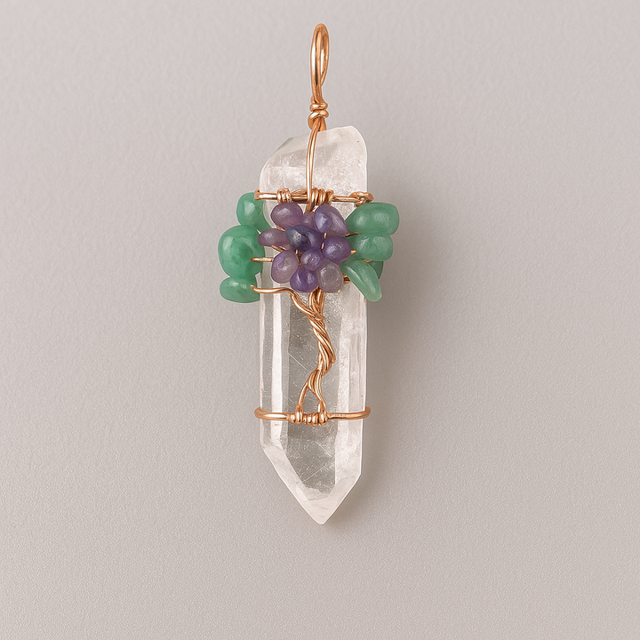 Natural Stone Rock Crystal Pendant Reiki Chakra Tree of Life Handmade Wire Wrapped Clear Quartz Pendant for Necklace - Mountauk